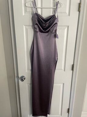 NWT  Elegant Lavender Satin PROM or Nice Event Slinky Neck Long Dress, leg slit.